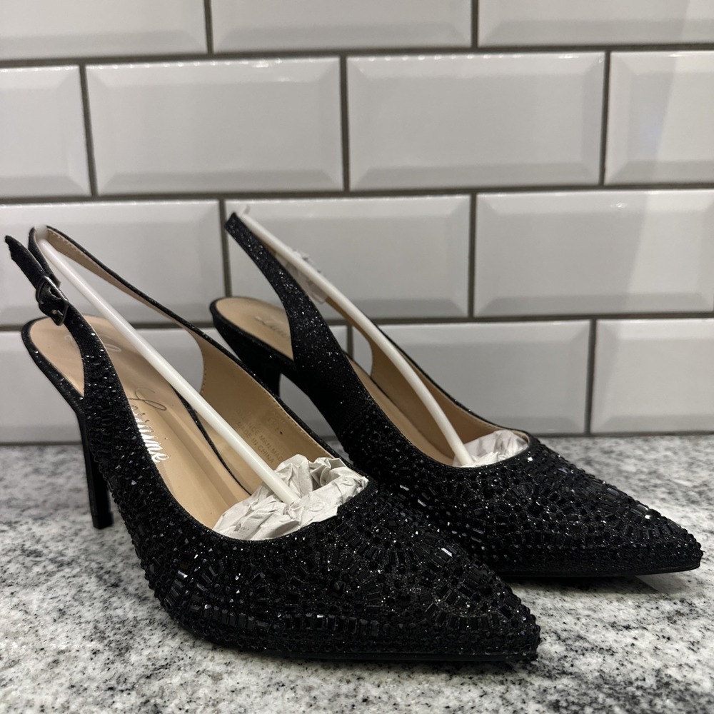 Lauren Lorraine Rachel Women's Heels Shoes Rhinestones Black Slingback‎ Sz 9 New